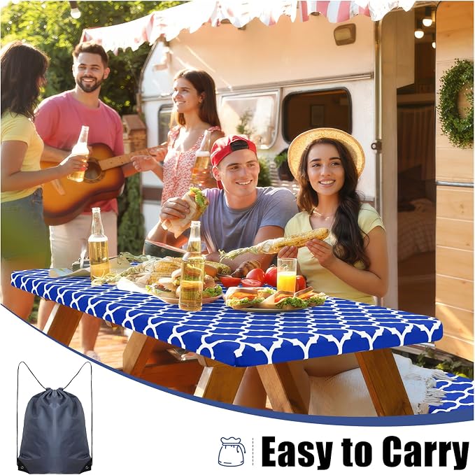 Smiry Picnic Table Cover with Bench Covers, Waterproof Elastic Fitted Tablecloth for 5 Foot Tables, Washable Polyester Tablecloths for Camping, Indoor & Outdoor (Blue, 30x60 Inch 3-pc Set)