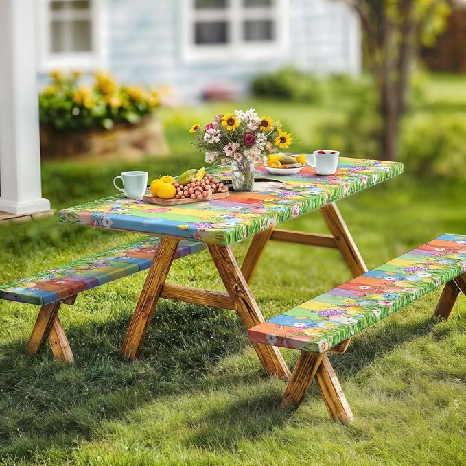 Easter Picnic Table Cover with Bench Covers, Cute Bunny Flower Colorful Wooden Board Camping Tablecloth, Waterproof Windproof, Fitted Tablecloth Cover with Elastic Edge, for Outdoor, 3 PCS, 30x96 Inch