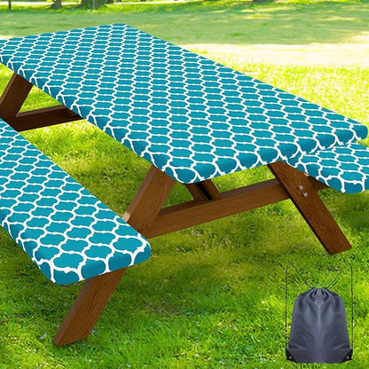 Smiry Picnic Table Cover with Bench Covers, Waterproof Elastic Fitted Tablecloth for 6 Foot Tables, Washable Polyester Tablecloths for Camping, Indoor & Outdoor (Aqua, 30x72 Inch 3-pc Set)
