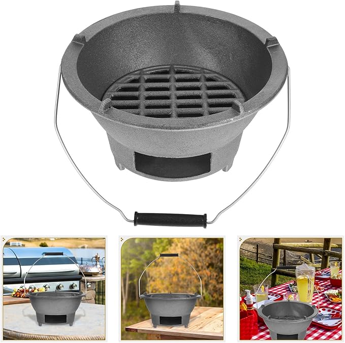 Cast Iron Charcoal Stove Charcoal Grill Portable Outdoor Barbecue Large Iron Grill with Handle and Inner Grate for Camping and Backyard Cooking