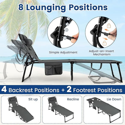 COSTWAY Tanning Chair with Face Hole, Folding Beach Lounge Chair with 4-Position Adjustable Backrest, Pillow & Side Pocket, Foldable Chaise Lounge Chair Outdoor for Sunbathing, Camping (1, Grey)