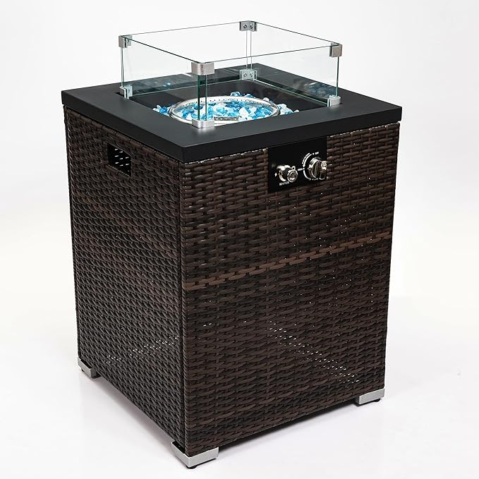 KEIKI 44 Inch Propane Fire Pit Table for Outside, Rectangular Wicker Gas Fireplace with Tile Top, 50000 BTU Auto Ignition System for Patio Garden Deck