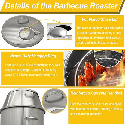 Charcoal Roast Duck Oven Commercial BBQ Roaster, 3-Tier Multifunctional Stainless Steel Grill with Hooks, Tail Pins for Duck/Chicken/Turkey/Pig/Vegetables Roasting in Restaurant/Home/Outdoor