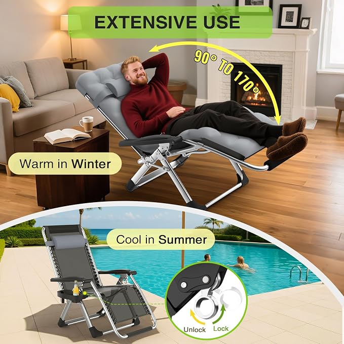 Suteck Zero Gravity Chair, Reclining Camping Chairs w/Removable Cushion | Anti Gravity Recliner Lounge Chair with Aluminum Alloy Lock & Cup Holder, 90-170° Adjustable, for Lawn Patio Indoor