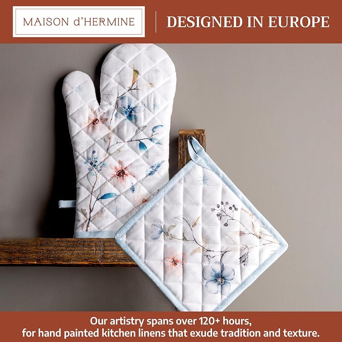 Maison d' Hermine 100% Cotton Oven Mitt & Pot Holder Set (7.5"x13" & 8"x8") | Heat Resistant BBQ Cooking Gloves with Loop Baking Grilling Kitchen Hotel Home Farmhouse Thanksgiving Christmas - Ice Florals