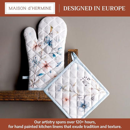 Maison d' Hermine 100% Cotton Oven Mitt & Pot Holder Set (7.5"x13" & 8"x8") | Heat Resistant BBQ Cooking Gloves with Loop Baking Grilling Kitchen Hotel Home Farmhouse Thanksgiving Christmas - Ice Florals