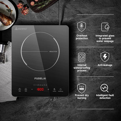 Portable Induction Cooktop, 1800W, 20 Settings, Hot Pot, RV Camping | Induction cooktop with 20 temp/power settings, child lock, turbo cooling, 6.9-inch coil, hot pot mode, RV, camping, dorm use