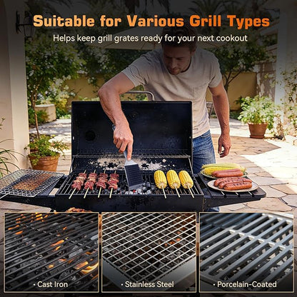 BBQ Grill Brush and Scraper, Heavy Duty Grill Cleaner with Stainless Steel Handle, Replacement Brush Head Included, Grill Cleaning Brush for Gas, Charcoal & Smoker Grill Grates （15 inch）