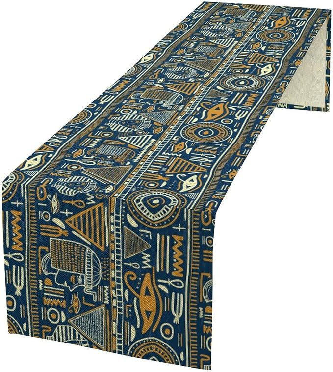 Retro Ancient Egypt Table Runner Vintage Ethnic Ornament Tribal Dinner Runner Folk Abstract Mysterious Egyptian Culture Table Decoration Home Kitchen Dining Coffee Table Party Holiday 13x36in