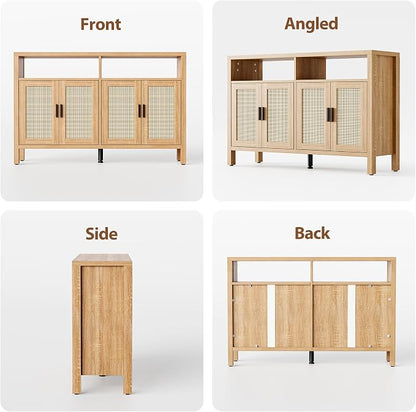 Rattan Buffet Cabinet with Storage, Sideboard with Doors, Console Table, Farmhouse Coffee Bar, Modern Wood Storage Cabinets(Natural 2.0)