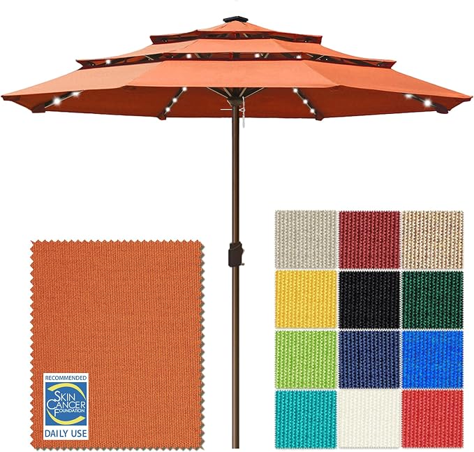 EliteShade USA 10-Year-Non-Fading 10ft 3-Tier Market Patio Umbrella, Commercial Table Umbrella with 80 Solar LED Lights, Crank Open, Windproof & UPF 50+ UV Protection for Garden, Deck, Pool, Backyard, No Tilt, Rust