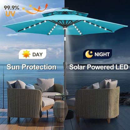 FLAME&SHADE 2 Tiers 9ft Solar Light Patio Umbrella, 40 LED lights outdoor umbrella with Centre Surround Light, Table Market Umbrella for Deck, Pool, Porch, Backyard, Garden (Aqua Blue)
