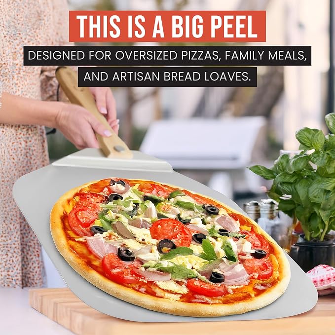 Chef Pomodoro Aluminum Metal Pizza Peel 18 Inch, Foldable Wood Handle | Pizza Paddle & Spatula for Bread, Pastries, Oven or Grill; Foldable for Easy Storage; 18x20 in Aluminum Board