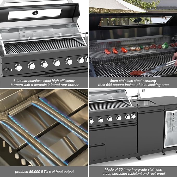Outdoor Kitchen Island, 82 Inch 6 Burner Propane Gas Grill Combination With Refrigerator and Sink, Outdoor Stainless Steel Barbecue Bar, 85000 BTU Propane Grill for Patios, Gardens, Parties