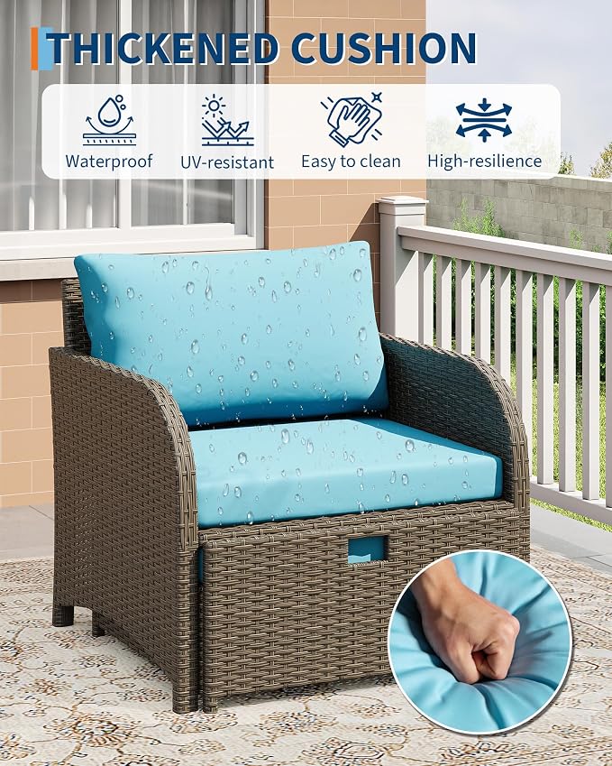 Garvee 5-Piece Outdoor Patio Conversation Set with Hidden Ottomans | PE Rattan Wicker Patio Furniture with Soft Cushions & Glass Coffee Table, Outdoor Lounge Chairs for Porch, Backyard (Blue)