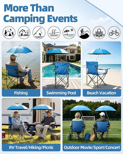HaSteeL 2PCS Camping Chairs with Detachable Umbrella, Folding Beach Chair for Adults, Large Portable Foldable Chair for Outdoors Fishing Hiking Travel Picnic Lawn, Supports 275lbs, Storage Bags, Blue