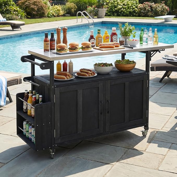 JIVOIT Outdoor Fir Wood Kitchen Island with Foldable Stainless Steel Top, Patio Mobile Kitchen Cart Portable Outdoor Cooking Island with Lockable Wheels, Storage Cabinet and Towel Rack (Black/124)