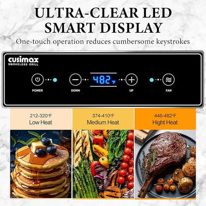 Indoor Grill, CUSIMAX Electric Smokeless Grill & Griddle, Black, 1500W | With REPLACEABLE Smoke Filter Sponge/Smart LED Display/Non Stick 2 in 1 Grill & Griddle Plates/Larger Grilling Area