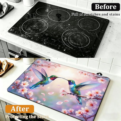 Spring Hummingbird Glass Top Stove Cover Protector,Pink Peach Flower Stove Top Covers for Electric Stove,Washable Heat Resistant Cooktop Mat Anti-Slip Range Covers, 28 x 20 Inch