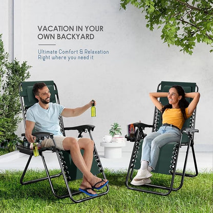 Nestl Zero Gravity Chairs 1 Pk, Portable Patio Lounge Outdoor with Pillows & Cup Holder Trays, Adjustable Steel Lawn Chair for Deck, Beach - Forest Green