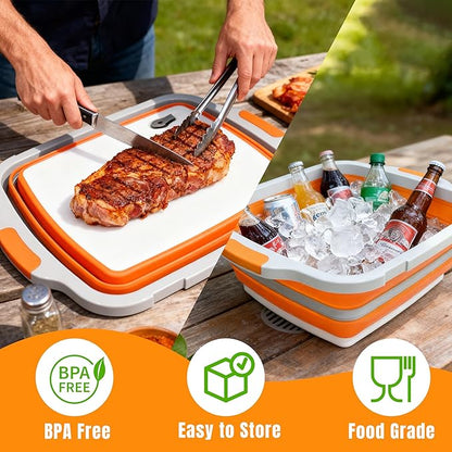 BBQ Prep Tub with Lid and Cutting Board - Collapsible Barbecue Tool Set for Marinating, Grilling, BBQ Prep Station for Outdoor Cooking, Camping Kitchen Accessories & Barbecue Utensils, X-Large Orange