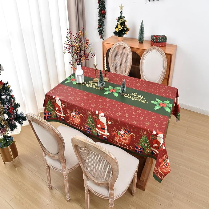 Christmas Tablecloth Heavy Duty Vinyl Red 54x84 inch Square Christmas Table Cloth Reusable Waterproof Foldable Plastic Tablecloths PVC Xmas Table Cover for New Year Party Decor