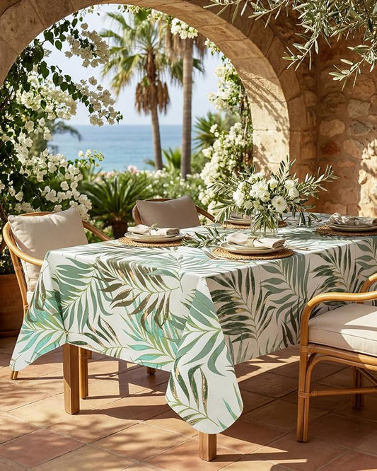 Seenus Summer Tropical Palm Leaf Tablecloth for Hawaiian Aloha Luau Party, Waterproof & Wipeable Eucalyptus Table Cloth with Flannel Backing for Outdoor BBQ & Patio Decor, Rectangle 60x84 Inch