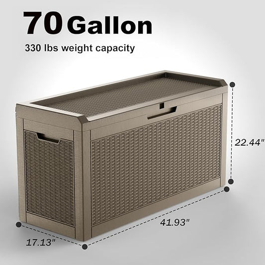 PatioZen 70 Gallon Deck Box Outdoor, Weatherproof Resin Patio Storage Box, Waterproof Outdoor Storage Boxes with Lid Lockable for Cushions, Garden Tools,Grey