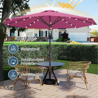 9FT Patio Umbrella with Solar Lights,Outdoor Market Umbrella with Tilt and Crank, LED Lighted Table Umbrella for Garden,Deck,Backyard,Pool,Beach (Rose Pink)