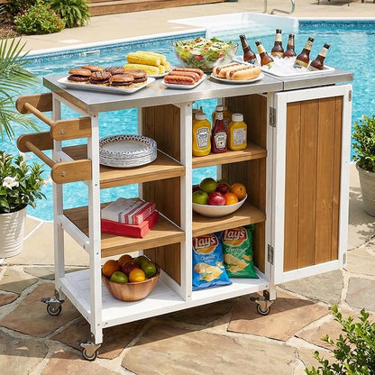 JIVOIT Outdoor Kitchen Island with Foldable Stainless Steel Tabletop, Patio Fir Wood Kitchen Cart Portable Prep Station with Lockable Wheels, Storage Cabinet and Towel Rack (White+Brown/123)