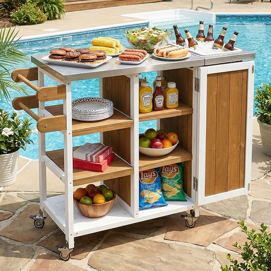 JIVOIT Outdoor Kitchen Island with Foldable Stainless Steel Tabletop, Patio Fir Wood Kitchen Cart Portable Prep Station with Lockable Wheels, Storage Cabinet and Towel Rack (White+Brown/123)