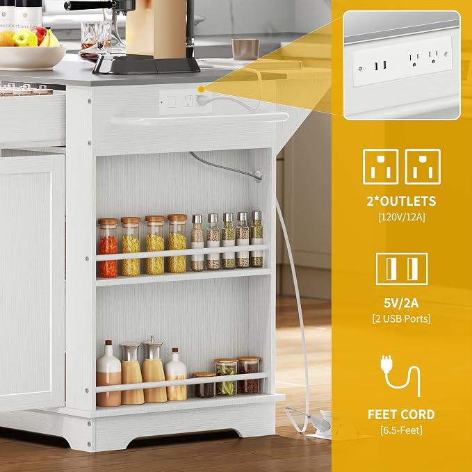 DWVO Kitchen Island with Stainless Steel Top & Power Outlet, 60 Inch Kitchen Island on Wheels with Drop Leaf, Large Rolling Mobile Center Islands w Storage Drawer Cabinet Counter Metal Top, White