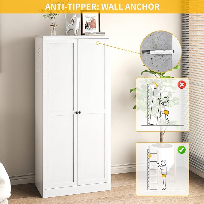 Metal Pantry Cabinet, Kitchen Pantry Storage Cabinets with 2 Door and 4 Adjustable Shelves, Utility Metal Storage Cabinet for Home, Living Room, Pantry (White)