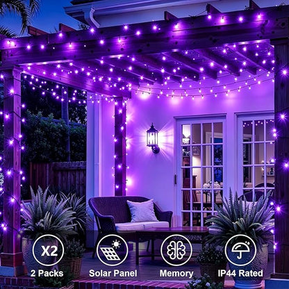 QITONG Purple Solar String Lights, 2 Pack Each 66ft 200 LED Christmas Fairy Lights Outdoor Waterproof, 8 Modes Green Wire Twinkle Lights for Outside