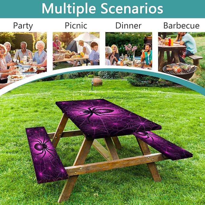 Picnic Table Cover with Bench Covers & Bag, Gothic Spider Web Outdoor Camping Accessories Waterproof Oilproof Camping Tablecloth with Elastic Edges Fitted Rectangle Table Cover, 3PCS, 30x96 Inch