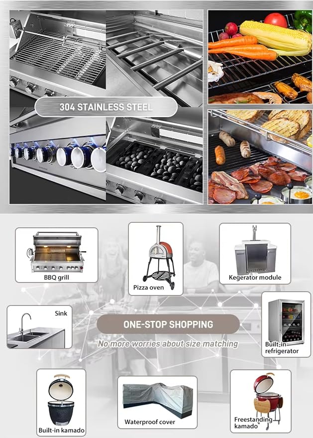 Modular Outdoor Kitchen | Outdoor Cooking Island with Grill, Oven, Refrigerator, Bar Counter, Sink & Automatic Lift Door, Ideal for Garden BBQ Cooking
