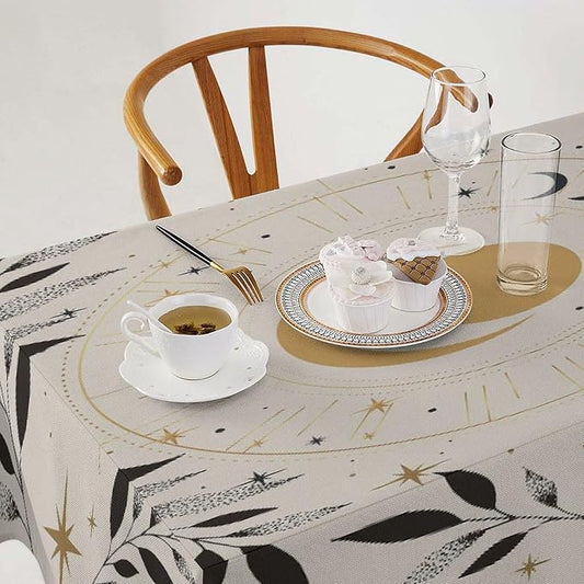 Vintage Boho Sun Moon Tablecloth Moon Phase Star Galaxy Space Wildflower Table Cloth Water Resistant Wipeable Table Cover for Farmhouse Picnic Party Holiday Kitchen Dinner Table 60"x120"