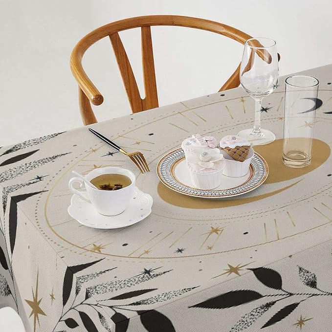 Vintage Boho Sun Moon Tablecloth Moon Phase Star Galaxy Space Wildflower Table Cloth Water Resistant Wipeable Table Cover for Farmhouse Picnic Party Holiday Kitchen Dinner Table 60"x110"