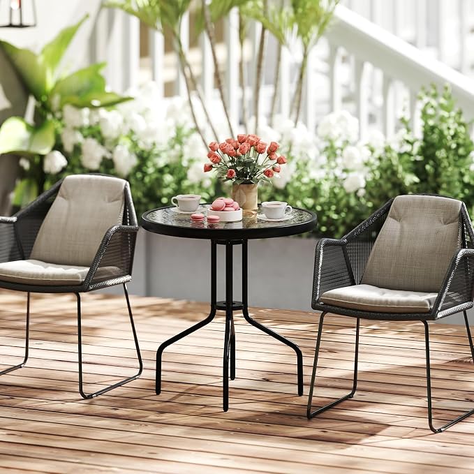 GIANTEX 27.5" Outdoor Bistro Table, Patio Round Dining Table w/Tempered Glass Tabletop & 1.57" Umbrella Hole, Heavy-Duty Metal Frame for Garden Yard Poolside Porch (27.5"x27.5"x28")