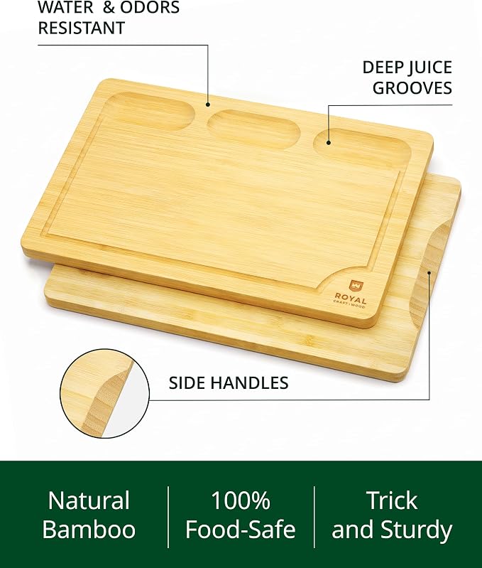 ROYAL CRAFT WOOD Bamboo Cutting Board with Juice Groove - Kitchen Chopping Board for Meat Cheese and Vegetables, Heavy Duty Serving Tray