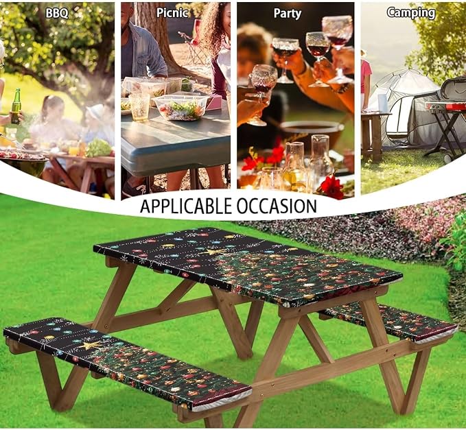 Christmas Tree Elastic Picnic Table Cover with Bench Covers Colored Lights Xmas Decoration Camping Table Cloth for Picnic Table 3 PCS Set Size S/L