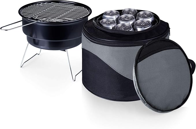 PICNIC TIME Caliente Portable Charcoal Grill & Cooler Tote, Take Anywhere BBQ Grill with Enameled Fire Bowl and Carrying Tote that Doubles as Cooler for Outdoor Cooking Use, (Black with Gray Accents)