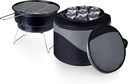 PICNIC TIME Caliente Portable Charcoal Grill & Cooler Tote, Take Anywhere BBQ Grill with Enameled Fire Bowl and Carrying Tote that Doubles as Cooler for Outdoor Cooking Use, (Black with Gray Accents)