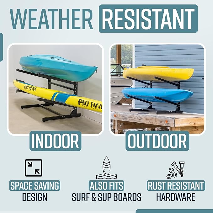 Teal Triangle Adjustable Freestanding Kayak Storage Rack, Holds 2 Kayaks | Outdoor Kayak Rack, Paddle Board Holder, Canoe Rack, Kayak Stand, Felt Padded Arms, Weather Resistant Steel