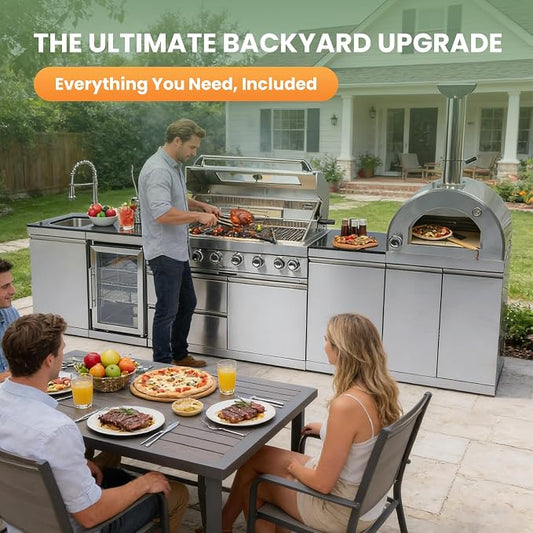 128-Inch Stainless Steel Outdoor Kitchen Island, Propane BBQ Grill with Pizza Oven, Rotisserie, Refrigerator, Granite Countertop, Storage Cabinets & Drawers 120,000 BTU