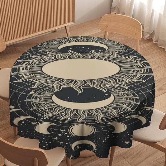 Vintage Tarot Round Tablecloth Boho Mystical Astrologer Zodiac Full Moon Phases Star Galaxy Space Table Cloth Water Resistant Wipeable Table Cover for Picnic Party Holiday Kitchen Dinner Table 50"