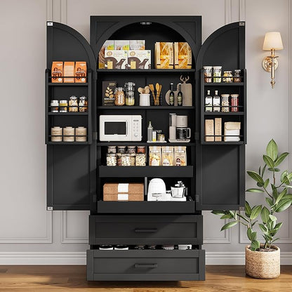 iPormis 71" Tall Kitchen Pantry Storage Cabinet w/Adjustable Shelf, Large Drawers & Door Shelves, Freestanding Kitchen Cupboard for Dining Room/Living Room, Black
