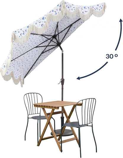 JONATHAN Y Beverly 9 ft. Patterned Half Umbrella, Blue/Dark Brown | Coastal Scalloped Cream Fringe, Crank Lift, 30 Degree Manual Tilt, UV 50 Polyester Canopy, Aluminum Frame, Space Saving