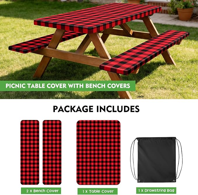 Picnic Table Cover with Bench Covers, Waterproof Tablecloth Set, Red Grid | Fitted 6ft Tables, for Outdoor Camping, RV, Includes 1 Table Cover(30"x72"), 2 Bench Covers(72"x12"), Drawstring Storage Bag