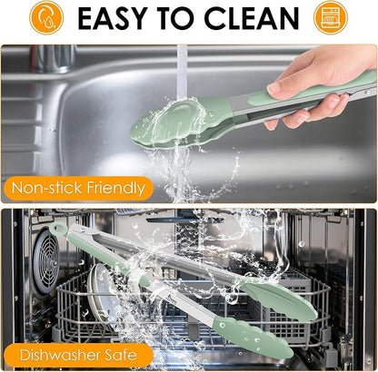 HOTEC Premium 7 & 9 Inch Kitchen Tongs, Stainless Steel Locking Cooking Tongs with Silicone Tips, Non-Scratch & Heat Resistant, Serving Tongs for Salad, BBQ, Light Green, Set of 2
